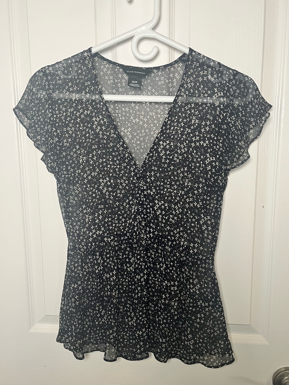 Club Monaco Dark Blue Sheer Silk V-Neck Flutter Sleeve Blouse